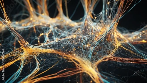Abstract neural network animation depicting complex connections of data with glowing elements and dark background