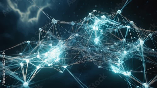 Animated 3d rendering of a neural network with interconnected nodes and glowing energy in abstract digital space
