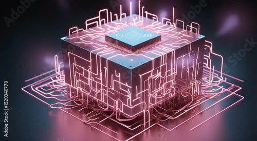 Animated 3d render of a glowing circuit board with futuristic technology and digital transformation