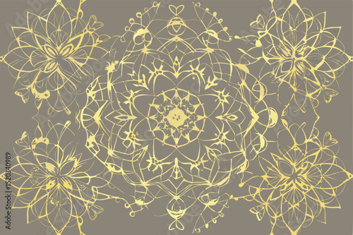 Elegant golden floral mandala pattern with detailed and intricate geometric design on a neutral background.