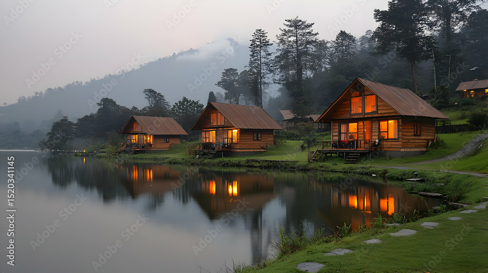 Fototapeta premium Lakeside Cabin Illustration