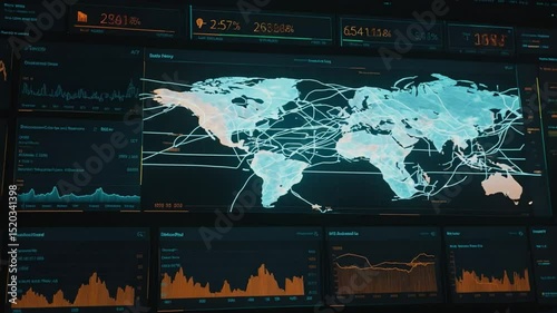 Animated futuristic global data visualization with graphs and world map displaying realtime analysis
