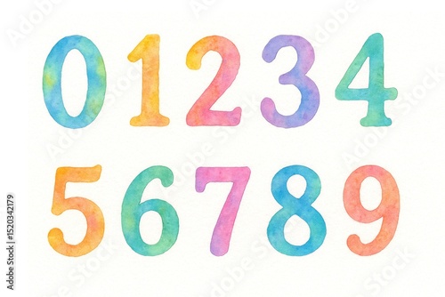 Watercolor Numbers Zero to Nine on White Background Colorful Digits for Educational Use