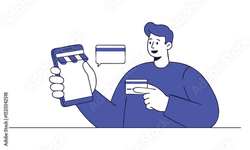 Man comparing jar and card while shopping online