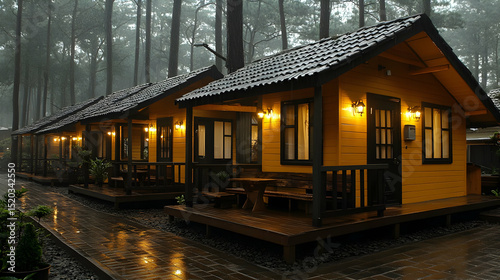 Rainy Night Forest Cabins Illustration