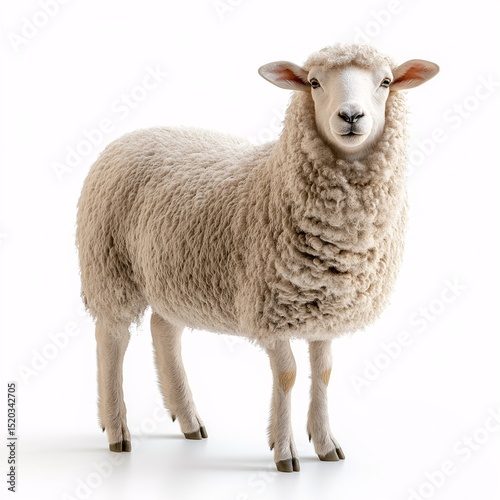 Adorable Fluffy Sheep in Green Pasture. Close-Up Portrait of Domestic Livestock photo