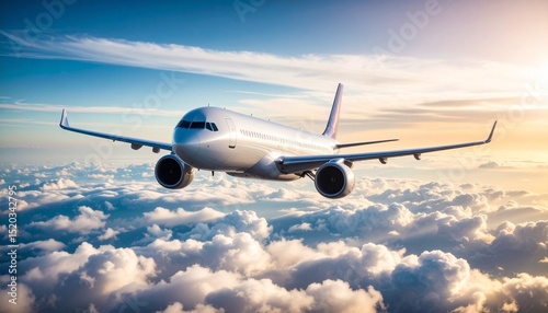 Airplane in the sky, over the cloudy sky 