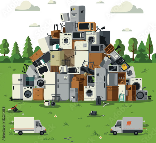 Large pile of used household appliances and electronics with delivery vans illustration vector 
