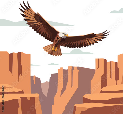 Bald eagle soaring over canyon cliffs with clear sky wildlife vector illustration 