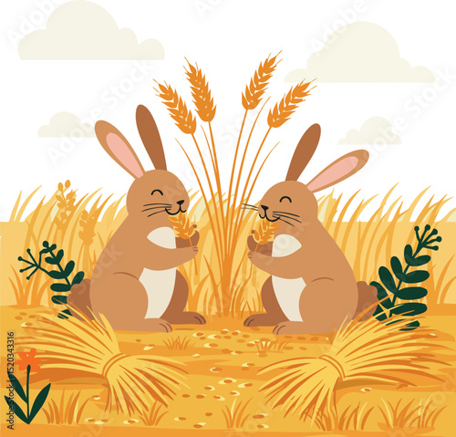 Two rabbits eating wheat in golden field with plants and clouds square vector illustration 