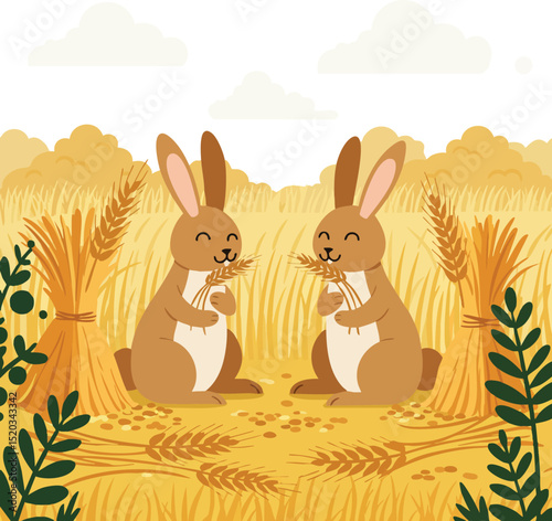 Two rabbits eating wheat in golden harvest field with green plants vector illustration 