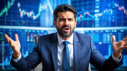 Frustrated Investor Reacts to Market Downturn with Emotional Expressions and Market Analysis