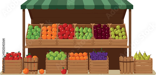 Fresh fruit market stall with assorted colorful fruits in wooden crates vector illustration 