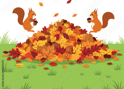 Squirrels Playing with Autumn Leaves Pile in Green Grass Seasonal Scene 