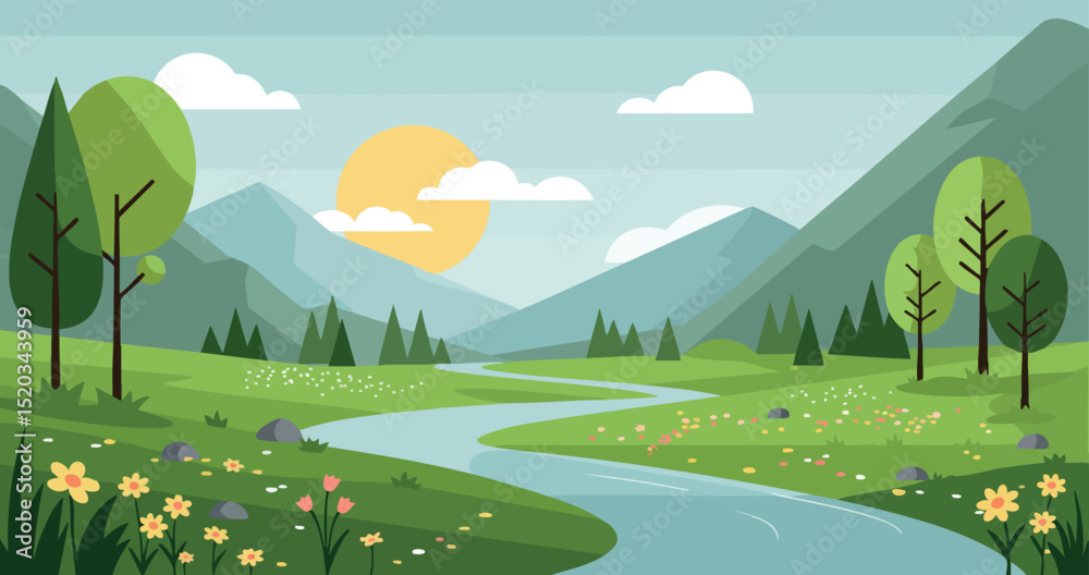 Fototapeta premium River flowing through green valley with mountains and trees under sun vector illustration 