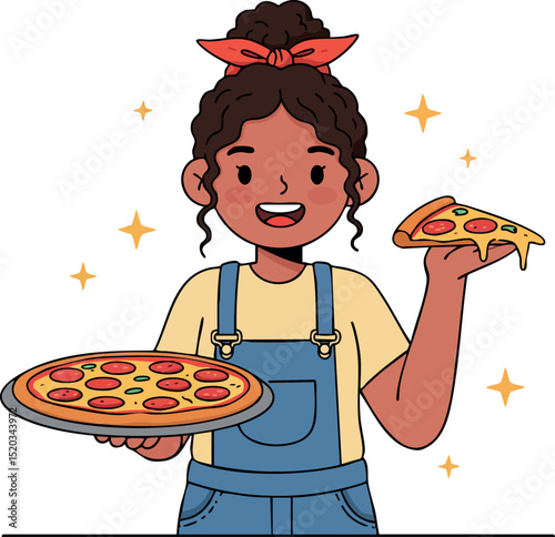 Girl holding pizza and slice happy enjoying food casual style vector illustration 