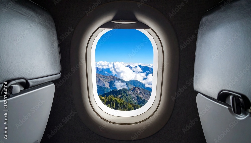 Naklejka premium Airplane window. Mountain and clouds view