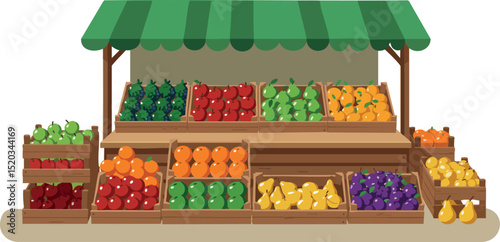 Fresh fruit stall with colorful variety of apples oranges grapes and pears vector illustration 