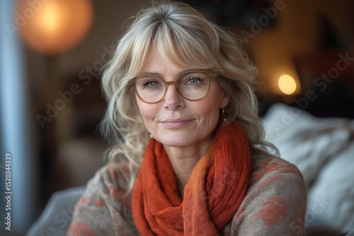 Cozy Portrait of a Smiling Mature Woman in Glasses. Indoor Soft Light for Modern Spring Fashion Style photo