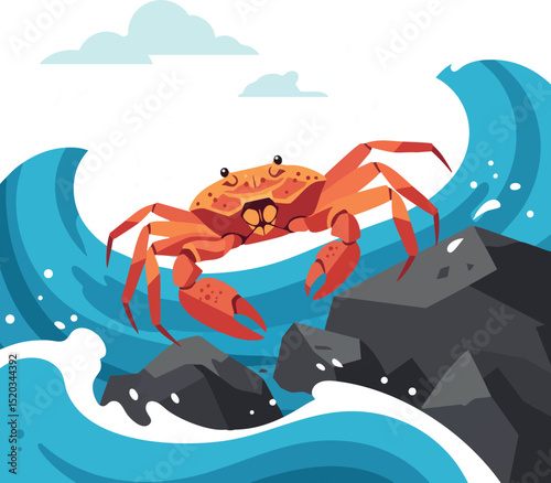 Crab on rocky shore with blue ocean waves vector illustration marine life sea creature 