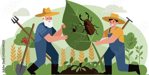Farmers Inspecting Large Leaf With Beetle Pest Agricultural Vector Illustration 