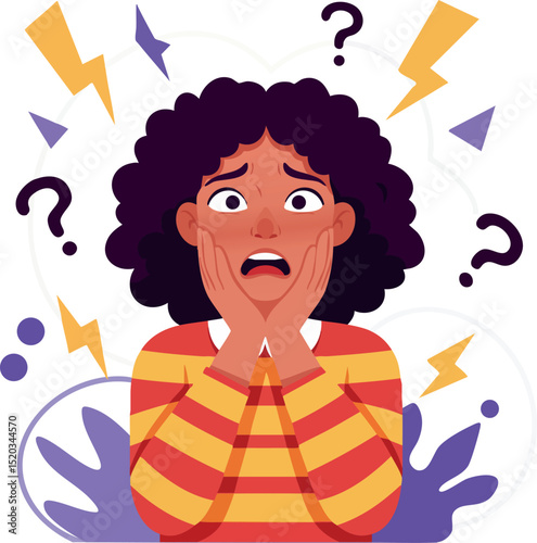 Woman with confused expression surrounded by question marks and lightning bolts vector illustration 