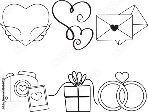 Wedding love icons line art collection.