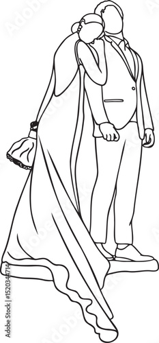  Bride and groom wedding line art illustration.