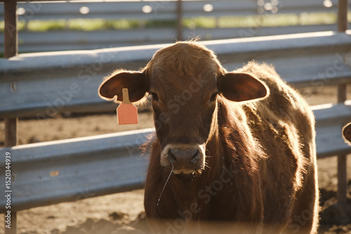 Young cow closeup in farm pen for beef cattle industry in agriculture concept.