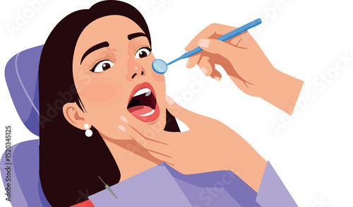 Woman receiving dental checkup with open mouth and dental mirror vector illustration 
