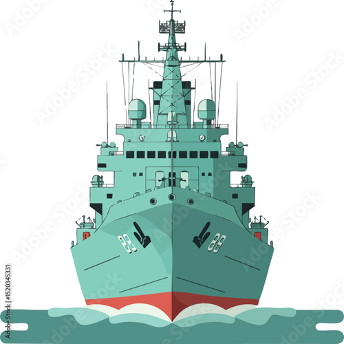 Military warship vessel front view with radar and antennas vector illustration 