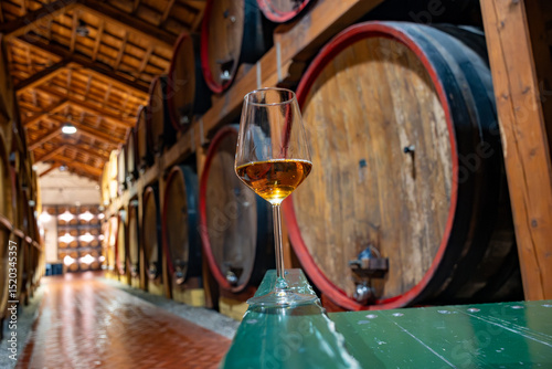 Visit of wine cellar with old large oak barrels, glass of fortified dry or sweet tasty marsala wine from barrels in Marsala, Sicily, Italy