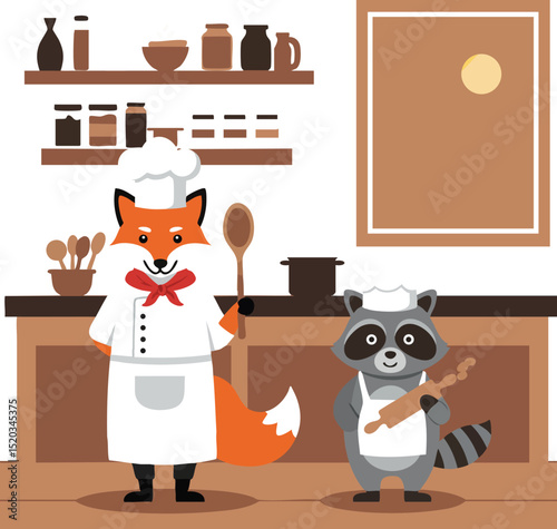 Fox and raccoon chefs cooking together in kitchen with wooden utensils and shelves vector illustration 