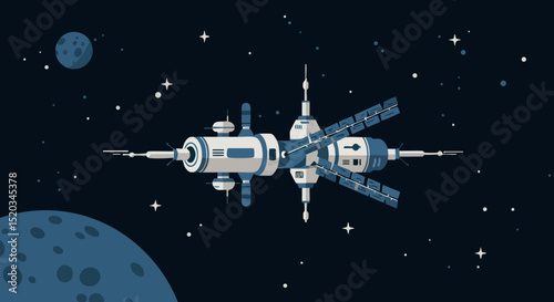 Space station orbiting moon with stars in dark night sky vector illustration 