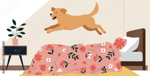 Energetic dog jumping over floral bed in cozy modern bedroom vector illustration 