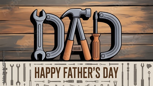 Father’s Day card that uses tools to form the letters in “DAD” or “DAY”, created with generative ai