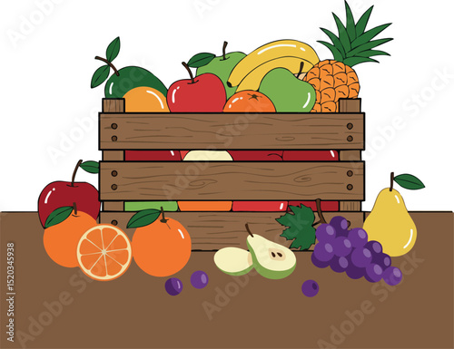 Fresh fruit assortment in wooden crate with colorful apples bananas pineapple and grapes 