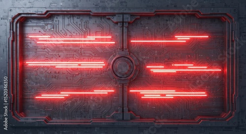 Abstract Digital Panel with Glowing Red Lines and Geometric Patterns Against a Dark Background