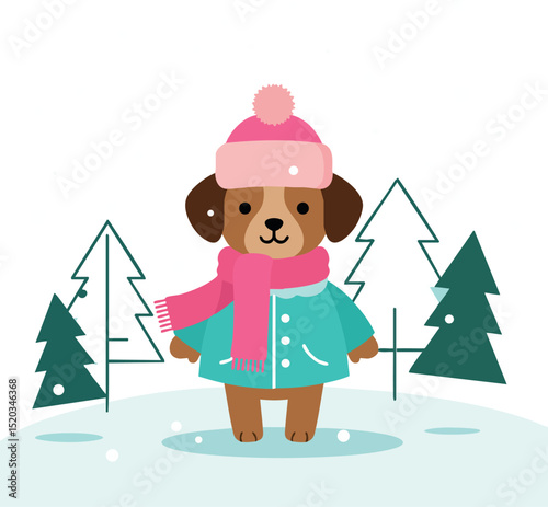 Cute dog wearing winter coat and pink hat with scarf in snowy pine forest vector illustration 