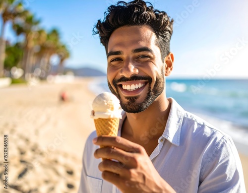 Man smiling with ice cream on beach