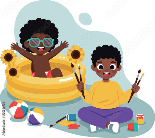 African American children playing with paintbrushes and inflatable pool summer fun vector illustration 