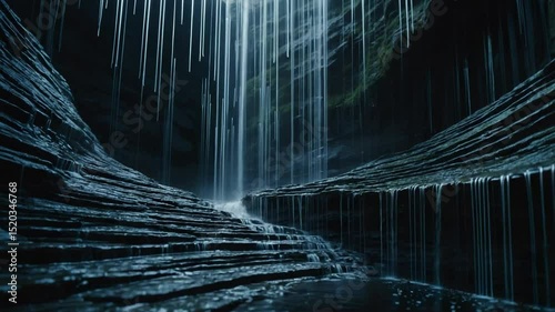 Cascading waterfall flowing over layered rock formations in a dark cave illuminated by natural light creating a mystical scene