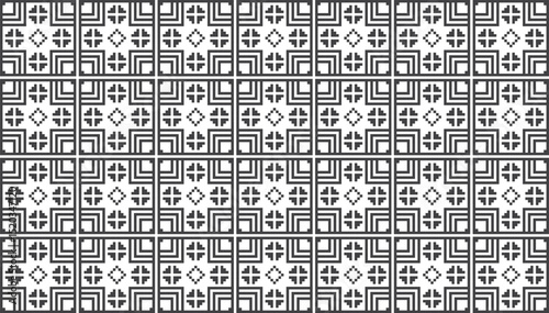 Seamless black geometric vector pattern with layered square lines and diamond shaped accents. Ideal for backgrounds, textile prints, wallpapers and decorative packaging designs