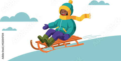 Child sledding downhill in winter clothing with teal jacket and yellow scarf vector illustration 