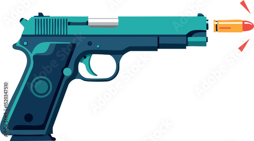Semi automatic handgun firing bullet vector illustration with teal and dark blue colors 
