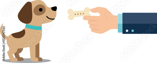 Small brown puppy waiting for bone treat from human hand vector illustration 
