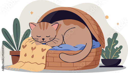 Sleeping cat in cozy basket with blanket and plants indoor vector illustration 