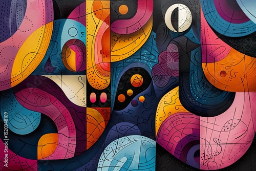 Colorful depiction of abstract shapes and patterns, blending organic forms with geometric precision in a harmonious composition 