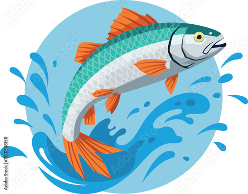 Jumping fish with orange fins and splashing water on blue background vector illustration 