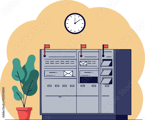 Mailbox system with clock and potted plant illustration in modern style office interior 